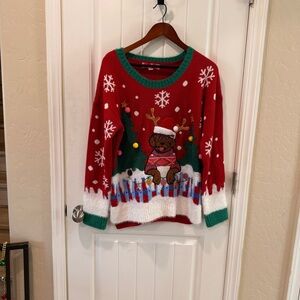 Cozy Red ugly Holiday Sweater with dog wearing Reindeer ears Design